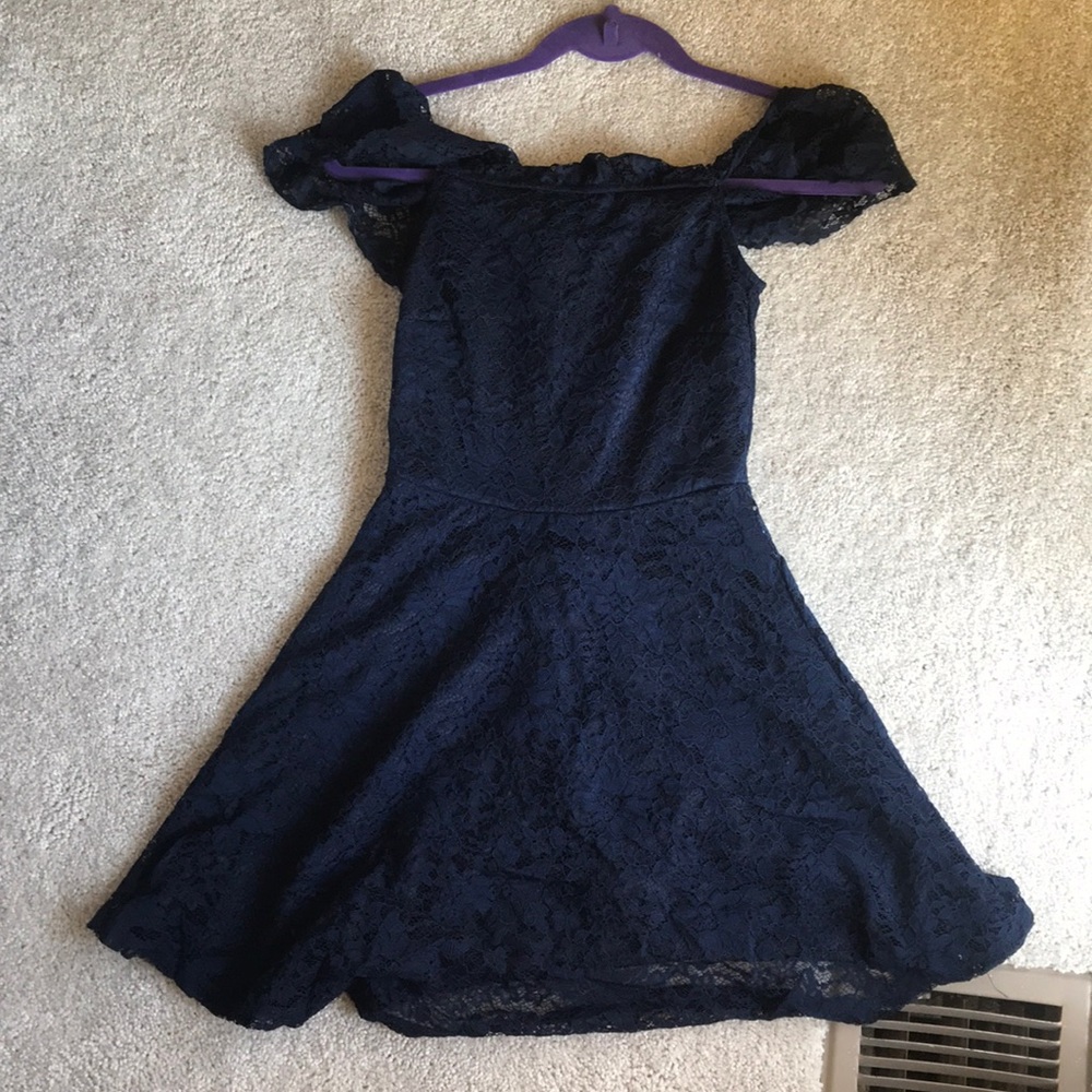 Navy blue lace off the shoulders mini dress